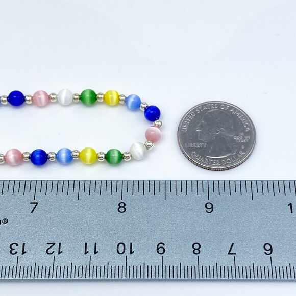 Sterling Silver 925 Multicolor Synthetic Cat's Eye Beaded Necklace 15.25-17" - Picture 4 of 4